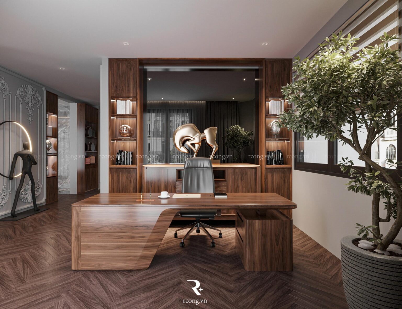 Phòng làm việc trong thiết kế nội thất biệt thự luxury bằng gỗ óc chó