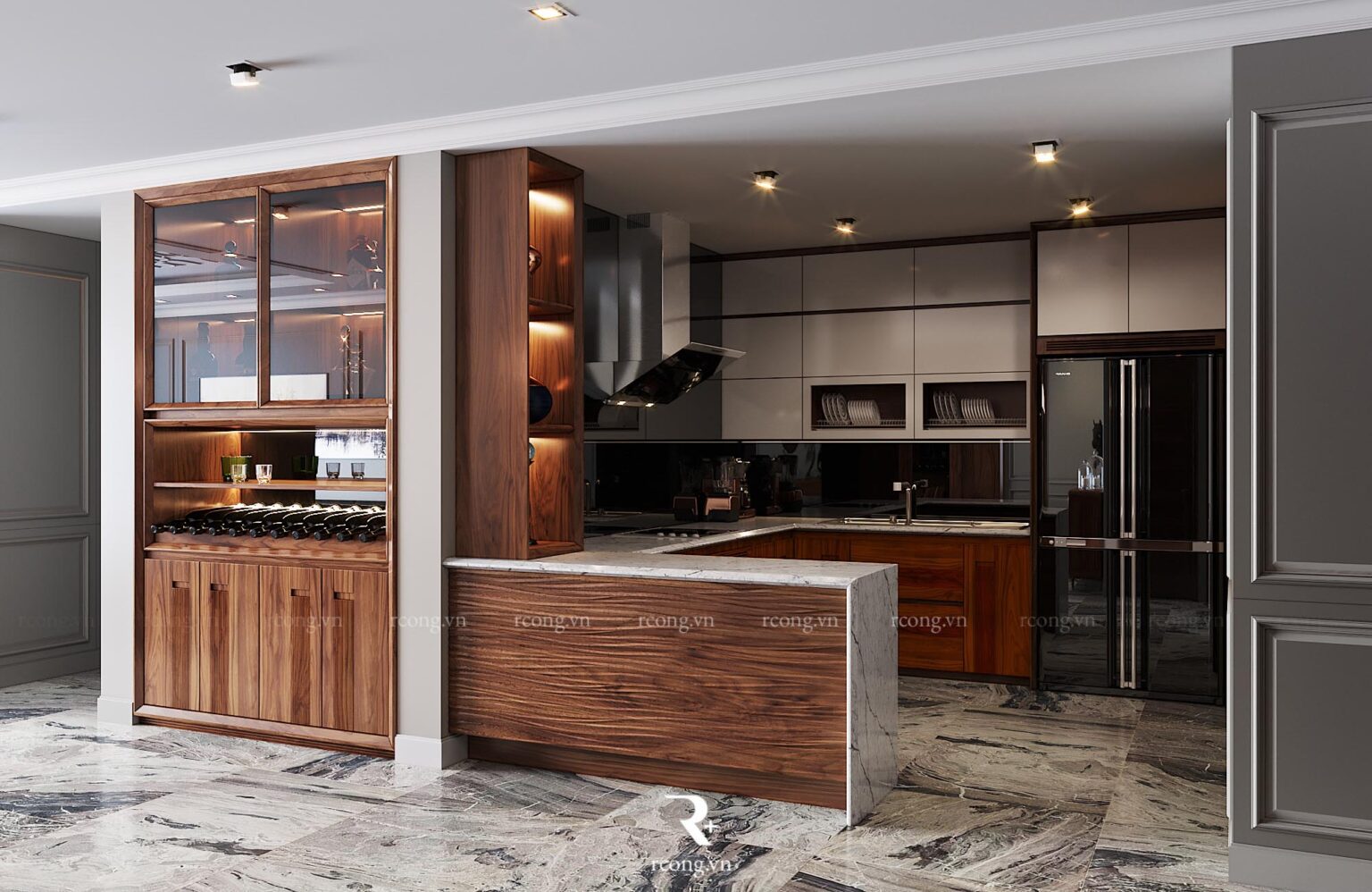 Giá bát đĩa tủ bếp trên kết hợp nội thất gỗ óc chó