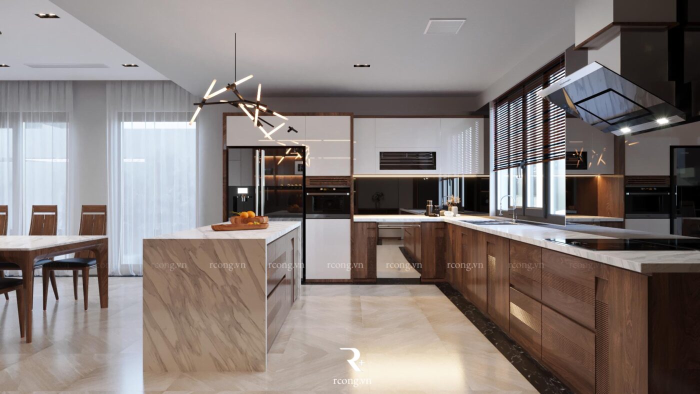 Tủ bếp gỗ óc chó hiện đại