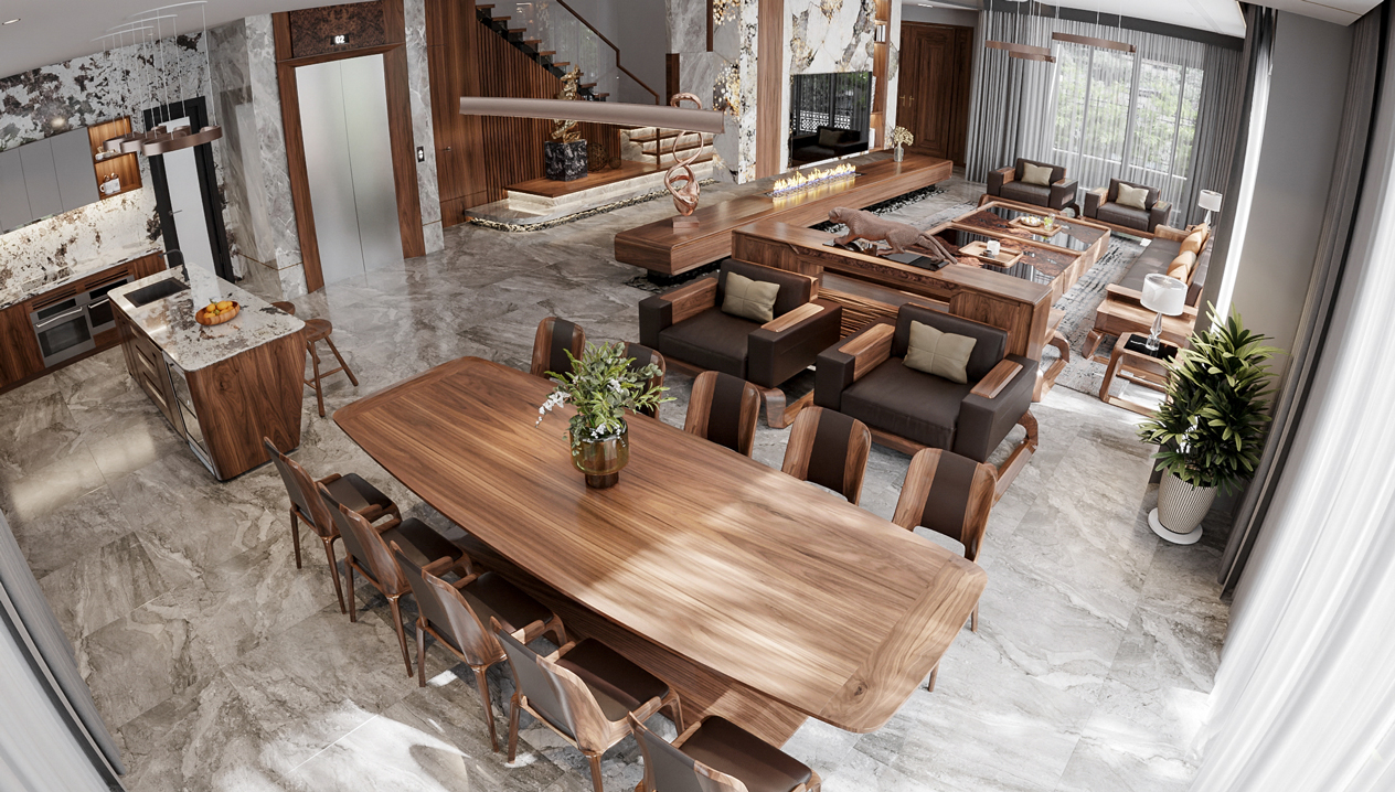 Phòng ăn gỗ óc chó thiết kế hiện đại luxury phù hợp với những phòng bếp rộng rãi, trang nhã, ấm cúng.